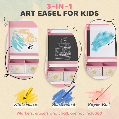 3-in-1 Kids Easel, Double-Sided Art Easel with Paper Roll, Pink
