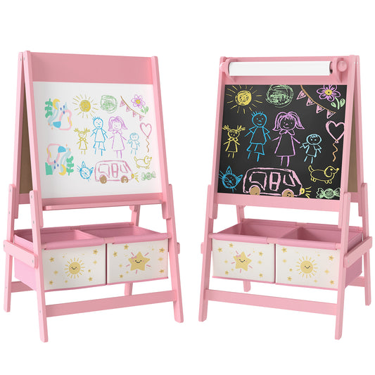3-in-1 Kids Easel, Double-Sided Art Easel with Paper Roll, Pink