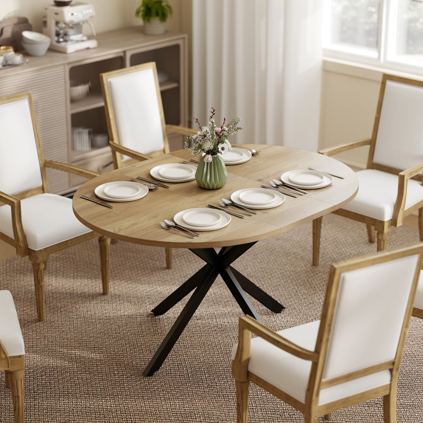 Extendable Dining Table for 4-6 with X-Shape Base, Natural Wood