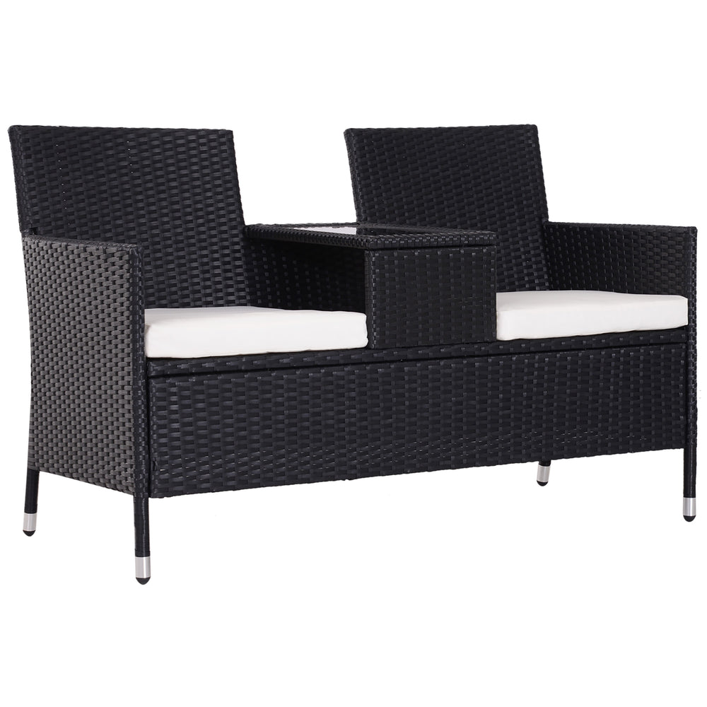 Garden Rattan 2 Seater Companion Seat Wicker Love Seat Weave Partner Bench w/ Cushions Patio Outdoor Furniture (Black)