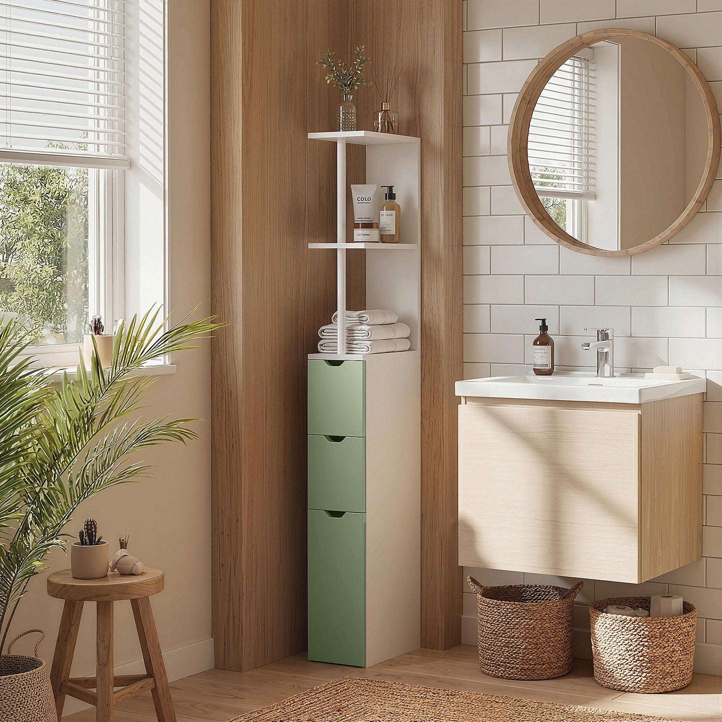 Freestanding Bathroom Storage Cabinet with 2-Tier Shelf, Light Green