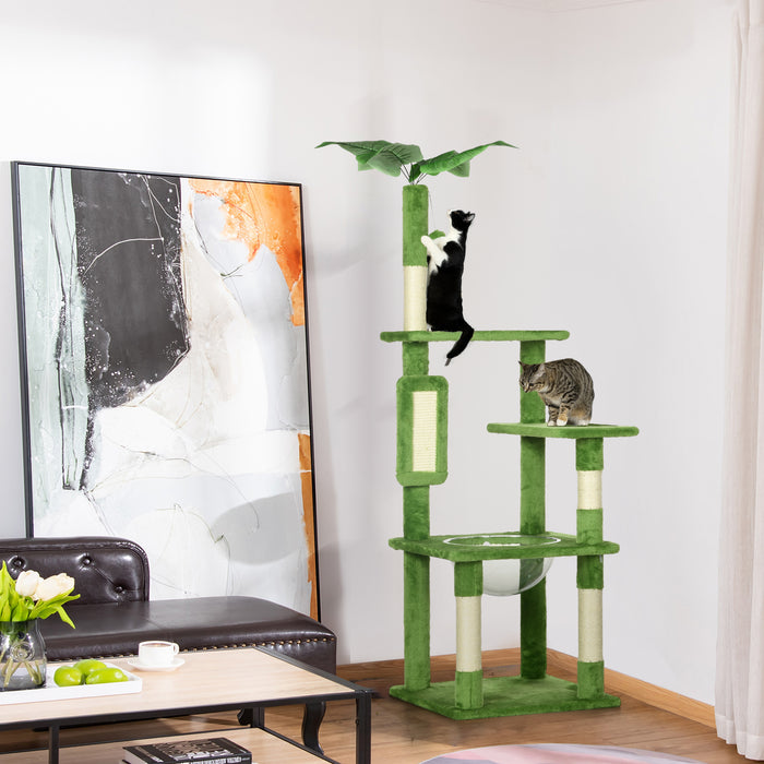 142cm Cat Tree Tower, with Scratching Post, Hammock, Toy Ball, Platforms - Green