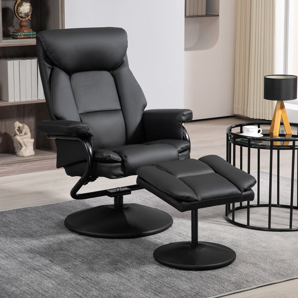 PU Leather Swivel Recliner Armchair with Ottoman, Black