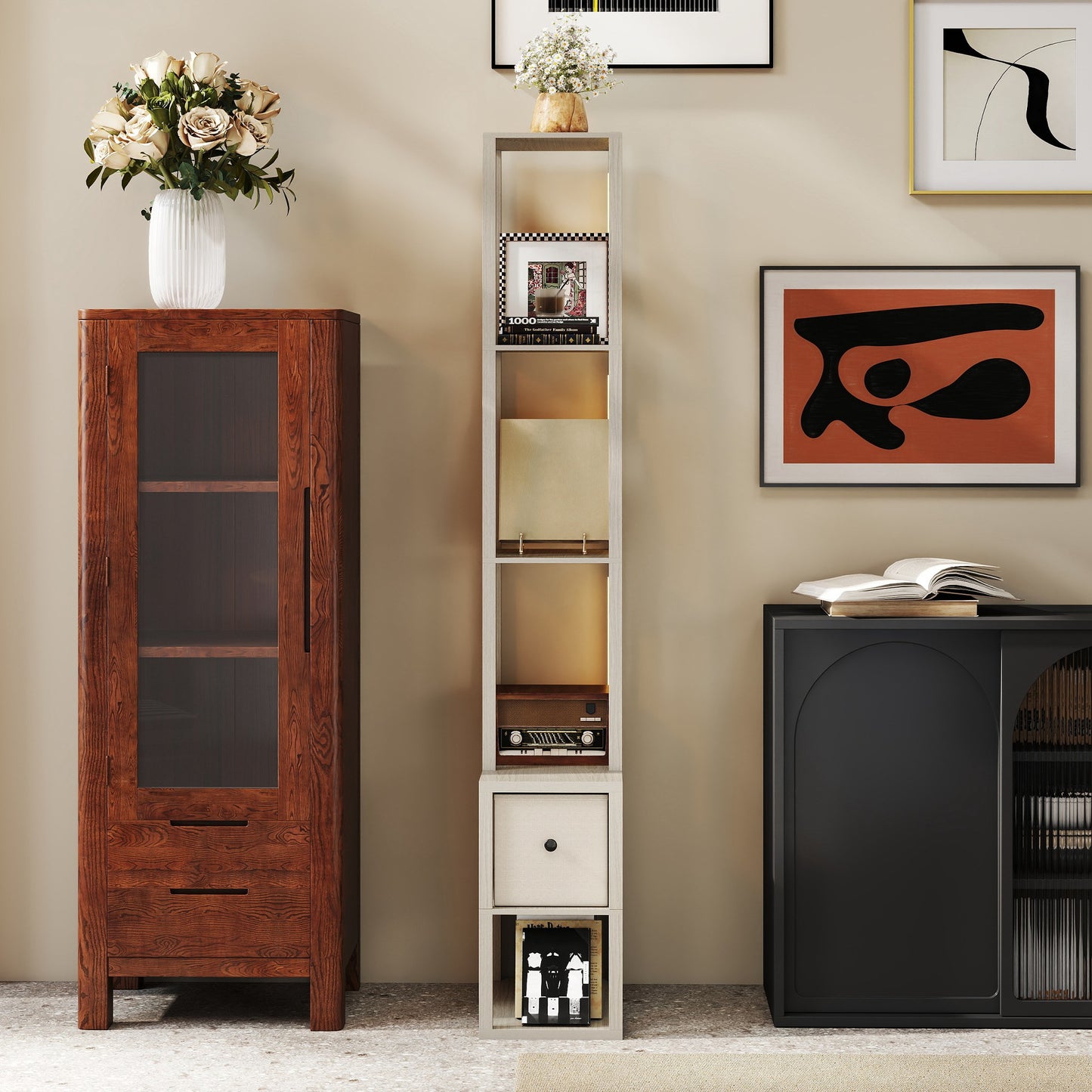 Floor Lamp with Shelves, LED Standing Lamp with Fabric Drawer, Oak