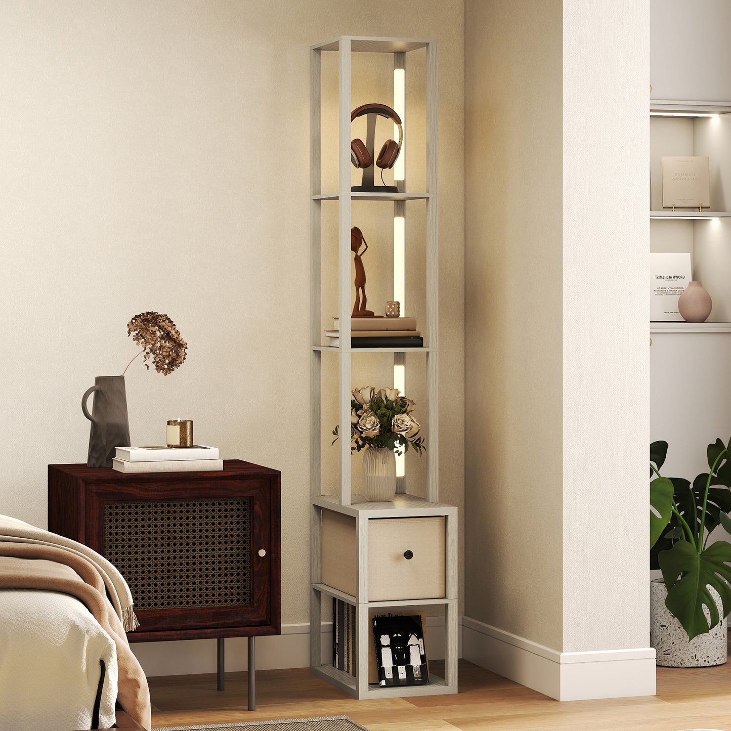 Floor Lamp with Shelves, LED Standing Lamp with Fabric Drawer, Oak
