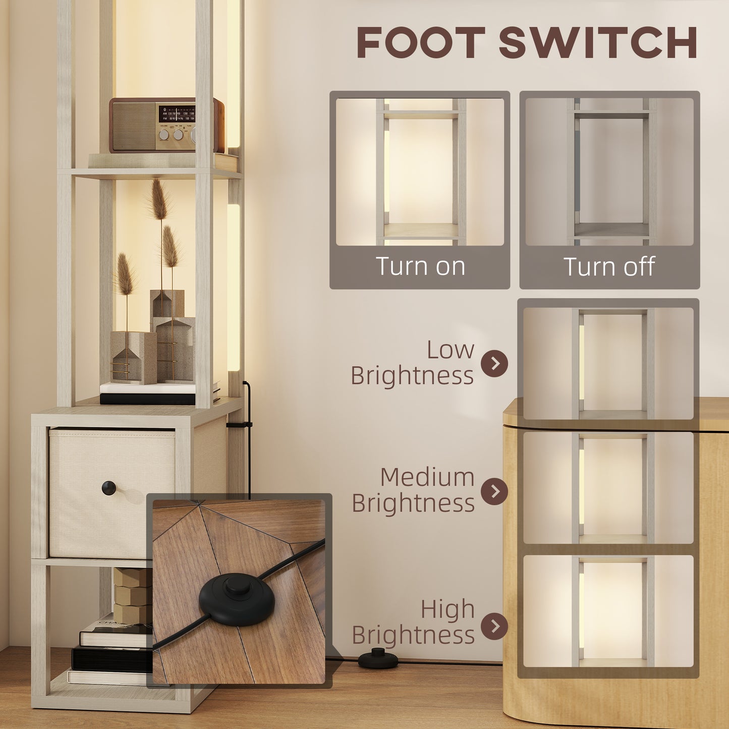 Floor Lamp with Shelves, LED Standing Lamp with Fabric Drawer, Oak