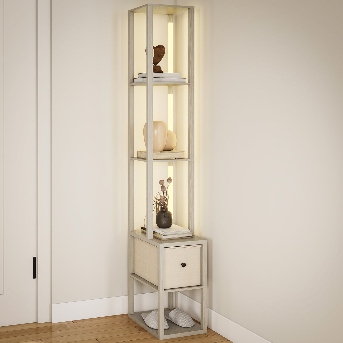 Floor Lamp with Shelves, LED Standing Lamp with Fabric Drawer, Oak