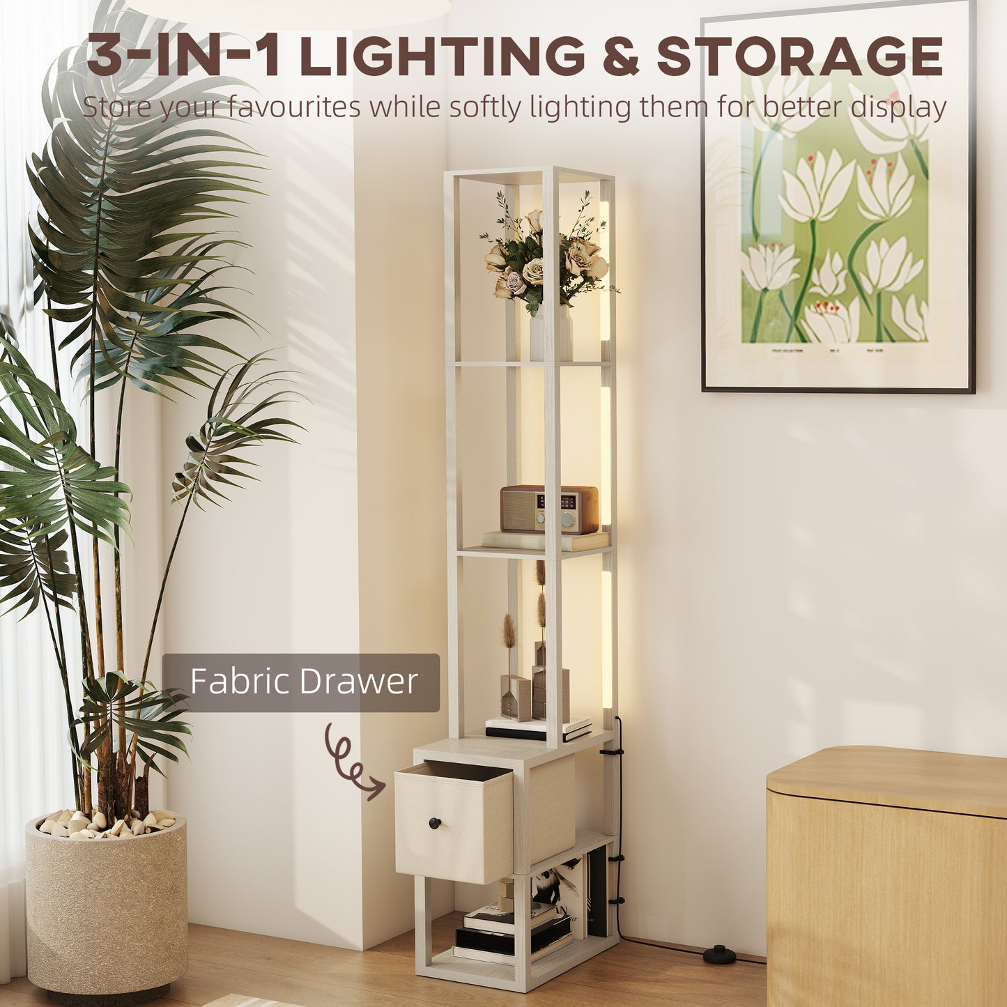 Floor Lamp with Shelves, LED Standing Lamp with Fabric Drawer, Oak