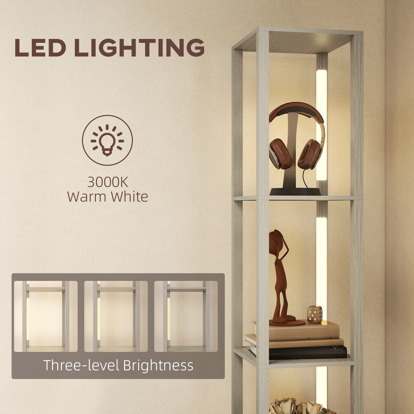 Floor Lamp with Shelves, LED Standing Lamp with Fabric Drawer, Oak