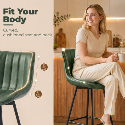 Swivel Bar Stools Set of 2, Textured Faux Leather Counter Stools with Backrest and Footrest, Height Adjustable Breakfast Chairs for Kitchen Island, Home Bar, Dining Room, Dark Green
