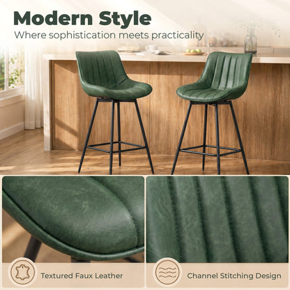Swivel Bar Stools Set of 2, Textured Faux Leather Counter Stools with Backrest and Footrest, Height Adjustable Breakfast Chairs for Kitchen Island, Home Bar, Dining Room, Dark Green