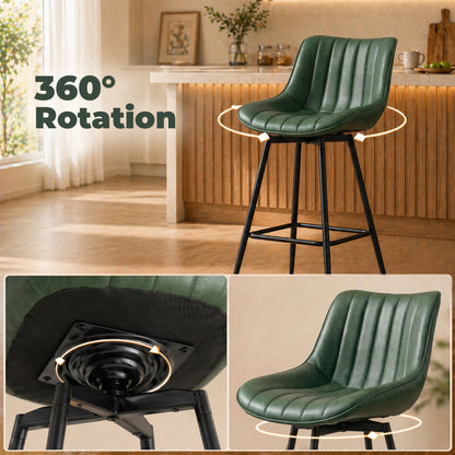 Swivel Bar Stools Set of 2, Textured Faux Leather Counter Stools with Backrest and Footrest, Height Adjustable Breakfast Chairs for Kitchen Island, Home Bar, Dining Room, Dark Green