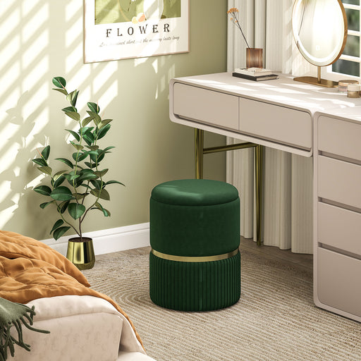 Round Pouffe, Storage Footstool with Cushioned Top, Hidden Space Dark Green