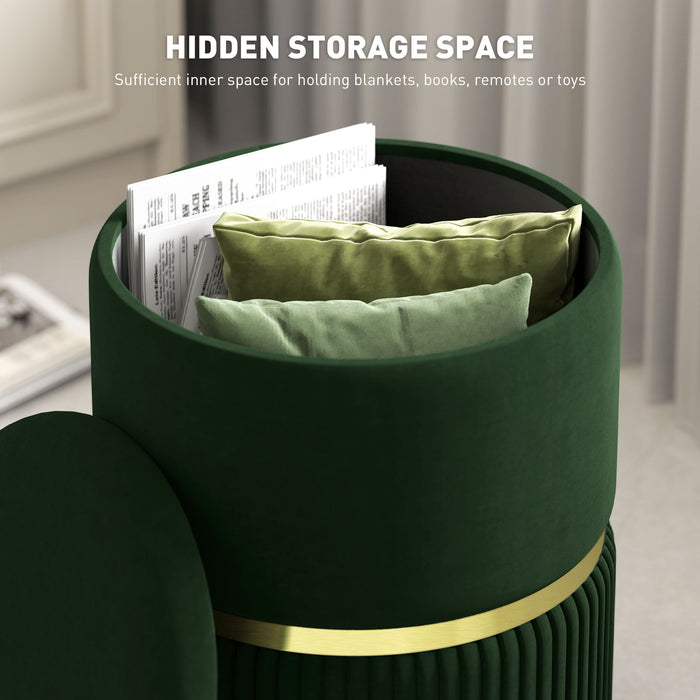 Round Pouffe, Storage Footstool with Cushioned Top, Hidden Space Dark Green