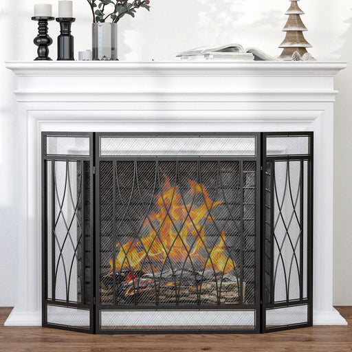 3-Panel Folding Fireplace Screen, Metal Mesh Fire Spark Guard, 126L x 3W x 80H cm-Black