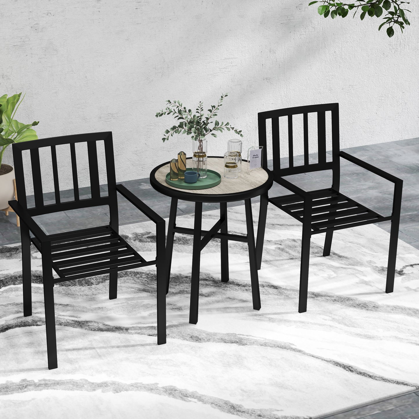 3 Piece Patio Bistro Set with Plastic Top, 2 Stackable Chairs, Grey