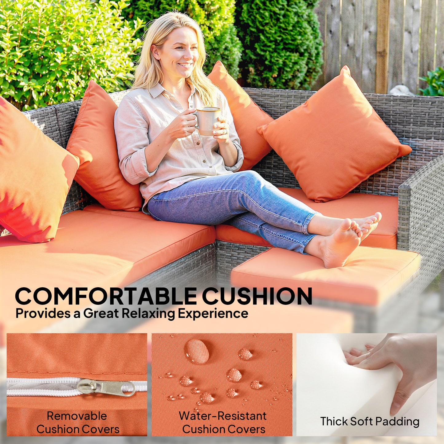 5Pcs Rattan Dining Corner Sofa Set, Garden Furniture Set, Orange