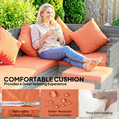 5Pcs Rattan Dining Corner Sofa Set, Garden Furniture Set, Orange