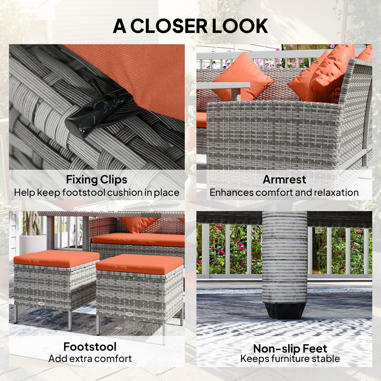 5Pcs Rattan Dining Corner Sofa Set, Garden Furniture Set, Orange