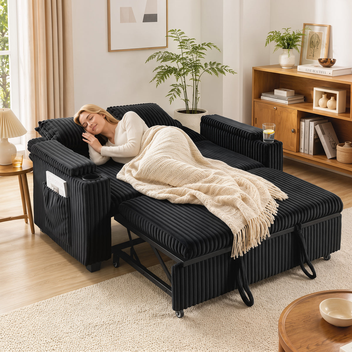 2 Seater Sofa Bed, 3-in-1 Corduroy Pull Out Sleeper Sofa, Black