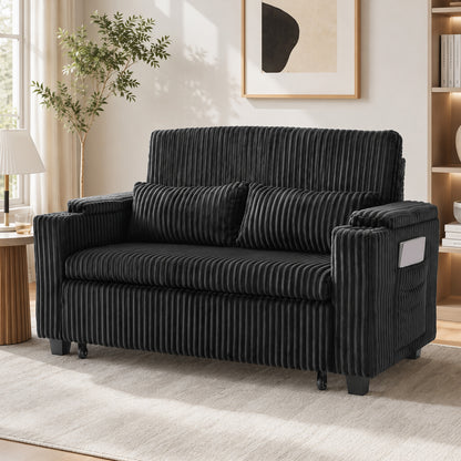 2 Seater Sofa Bed, 3-in-1 Corduroy Pull Out Sleeper Sofa, Black