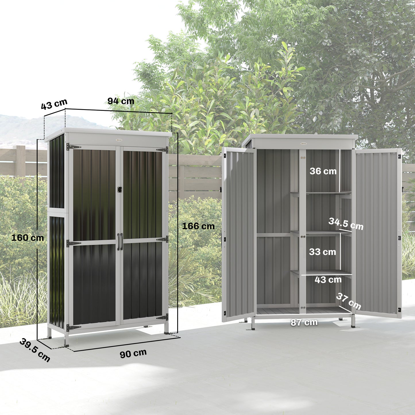 Garden Shed, Small Garden Storage Shed with 3 Removable Shelves and Double Doors, Fir Wood and Steel Tool Storage Cabinet for Tools, Equipment, White and Black