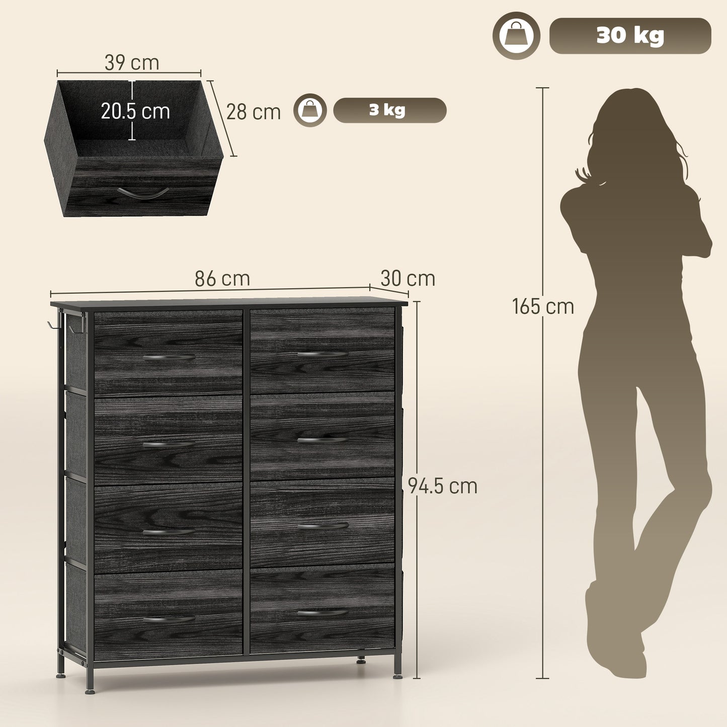 Fabric Chest of Drawers, 8 Drawer Dresser for Bedroom, Black