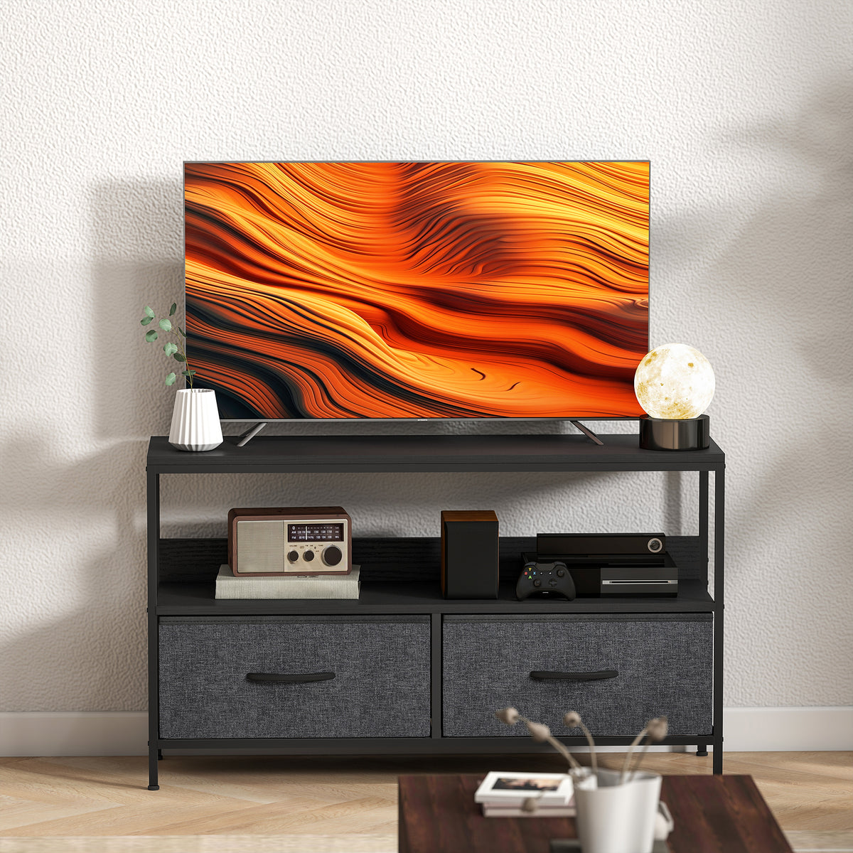 TV Cabinet, TV Console Unit with 2 Foldable Linen Drawers Black
