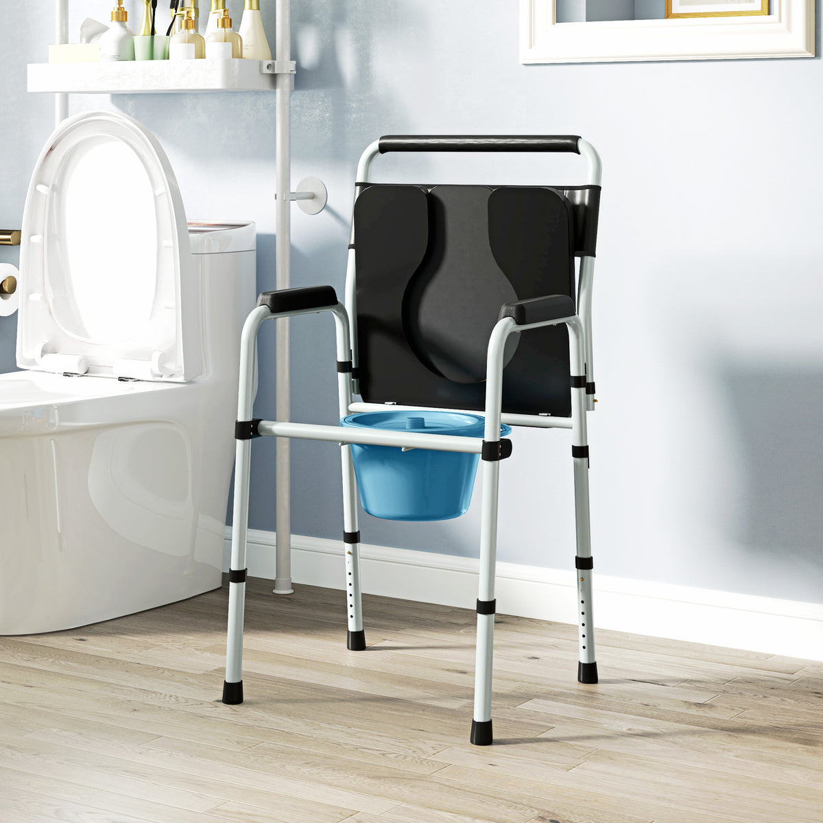Commode Chair for Elderly w/ Arms and Back, Removable Bucket, Black