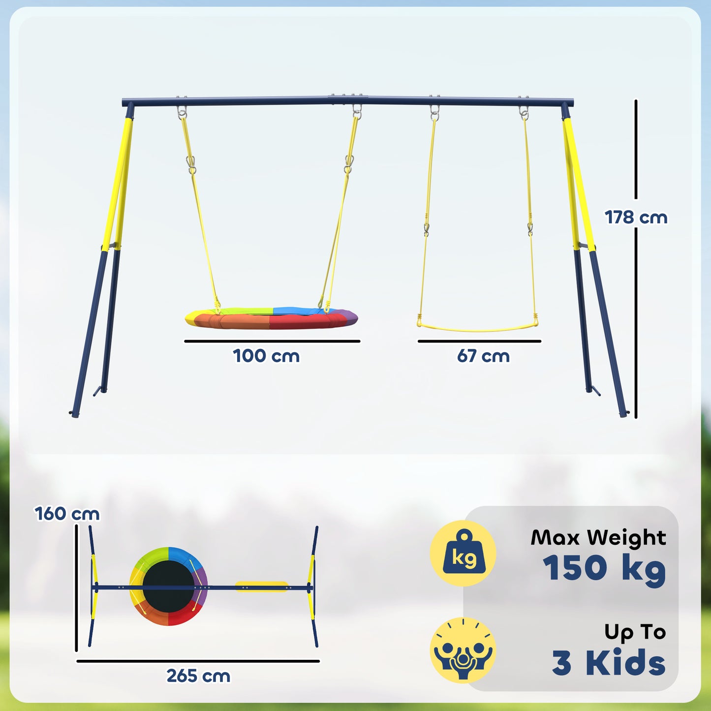 Kids Swing Set with Double Swings, Metal Frame, 150kg Capacity