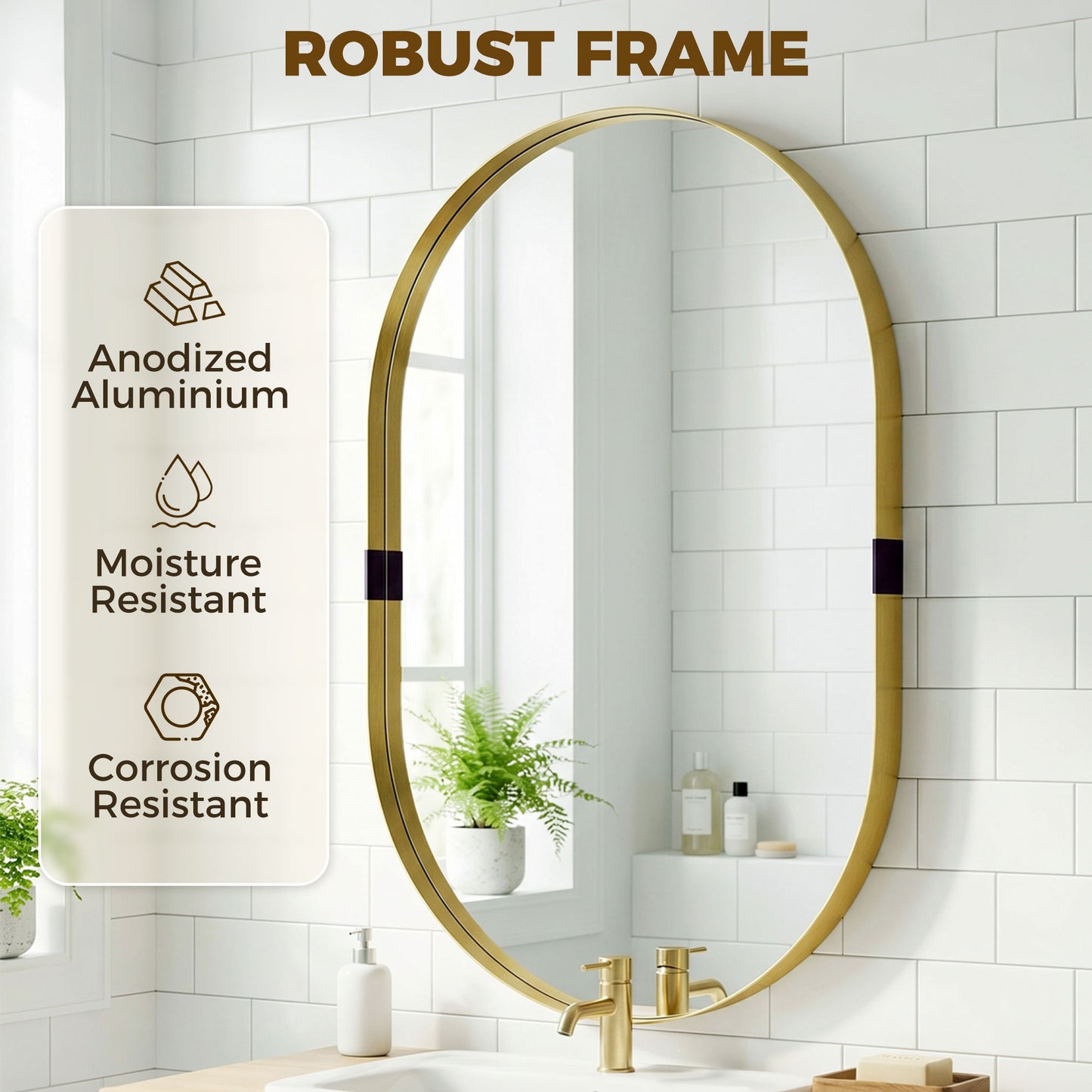 Wall Mirror with Elevated Aluminium Alloy Frame, 60 x 90 cm Bathroom Mirror with Tempered Glass for Living Room, Bedroom, Hallway, Gold Tone