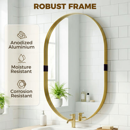 Wall Mirror with Elevated Aluminium Alloy Frame, 60 x 90 cm Bathroom Mirror with Tempered Glass for Living Room, Bedroom, Hallway, Gold Tone