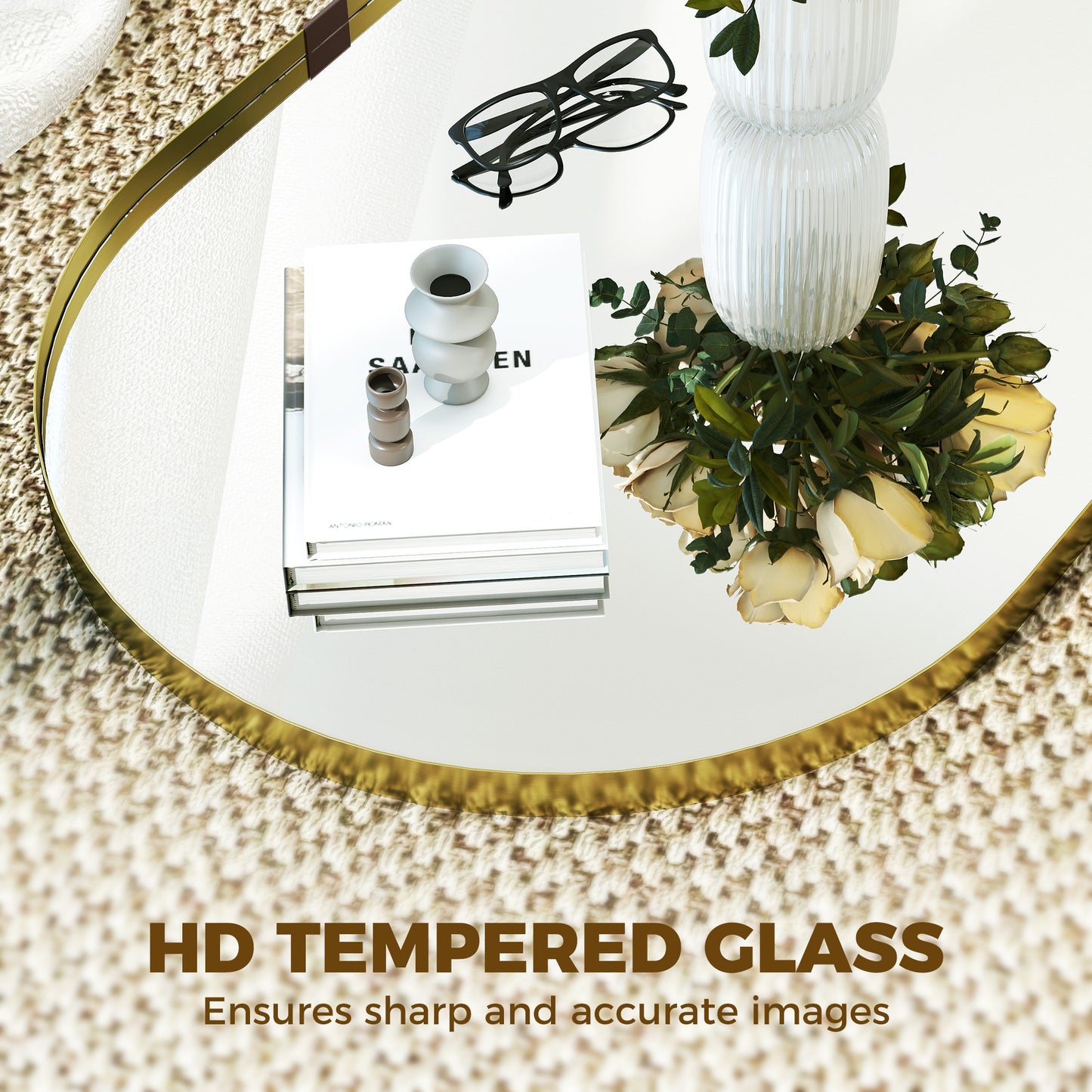 Wall Mirror with Elevated Aluminium Alloy Frame, 60 x 90 cm Bathroom Mirror with Tempered Glass for Living Room, Bedroom, Hallway, Gold Tone