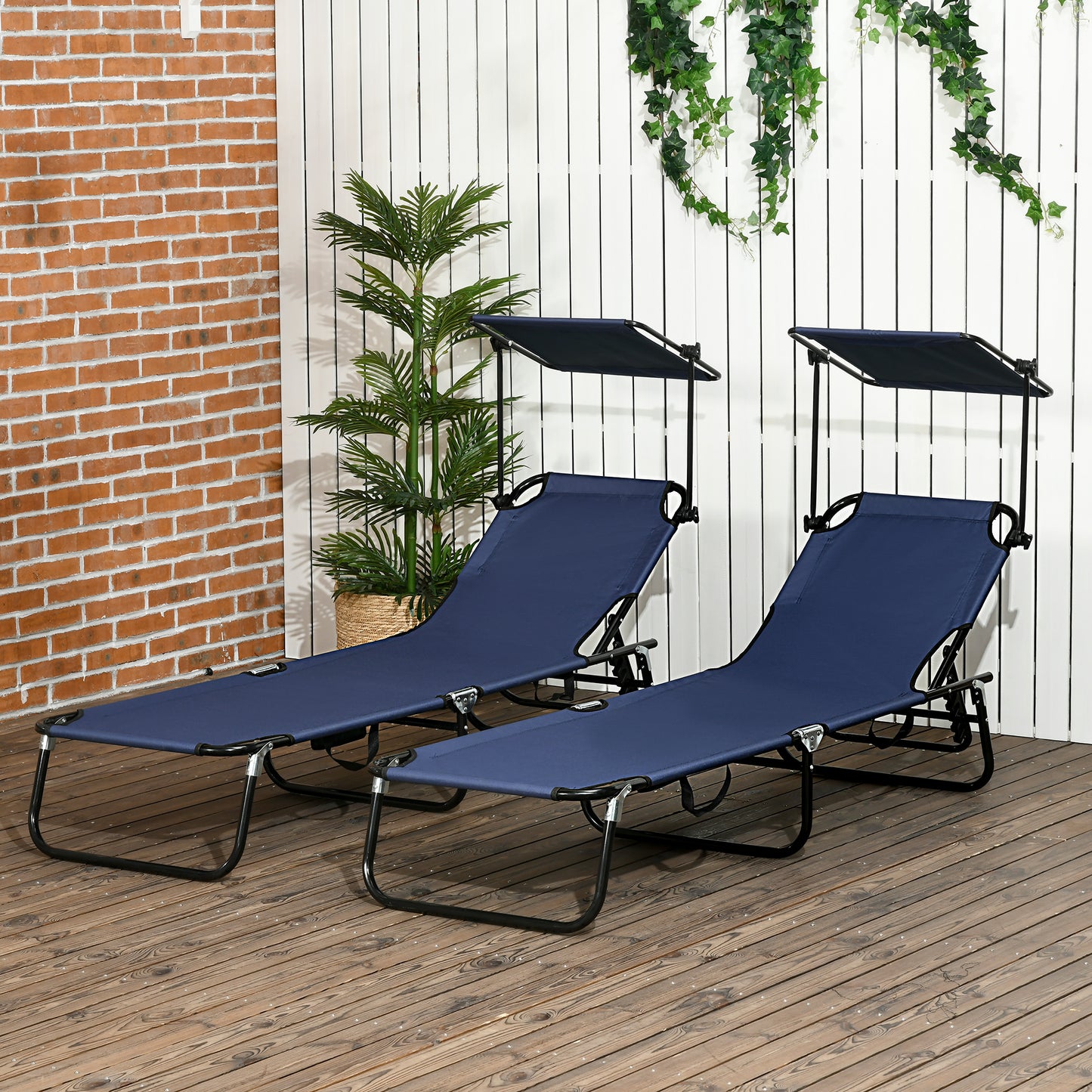 2 Piece Folding Sun Loungers with Adjustable Backrest, Dark Blue