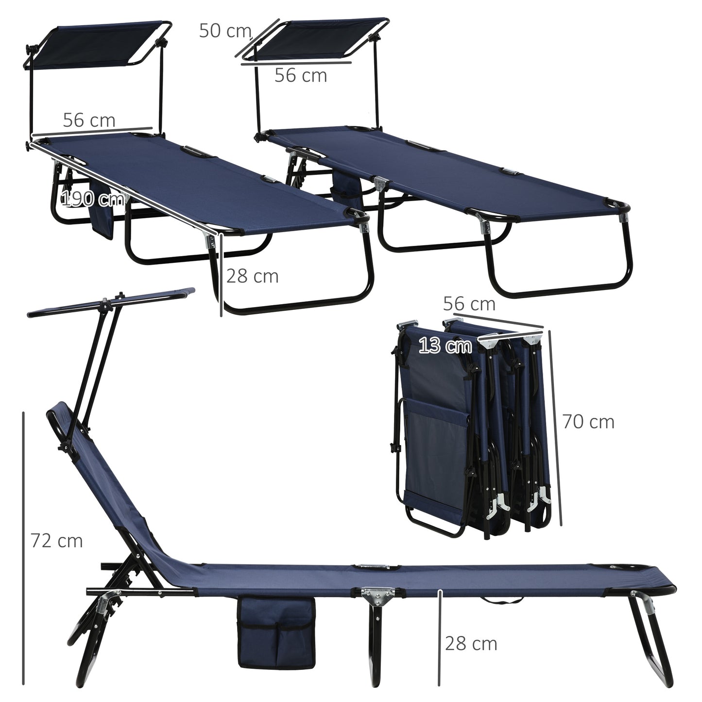 2 Piece Folding Sun Loungers with Adjustable Backrest, Dark Blue