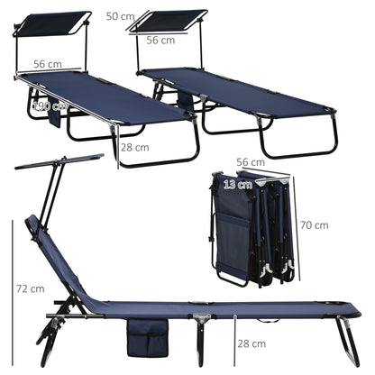 2 Piece Folding Sun Loungers with Adjustable Backrest, Dark Blue