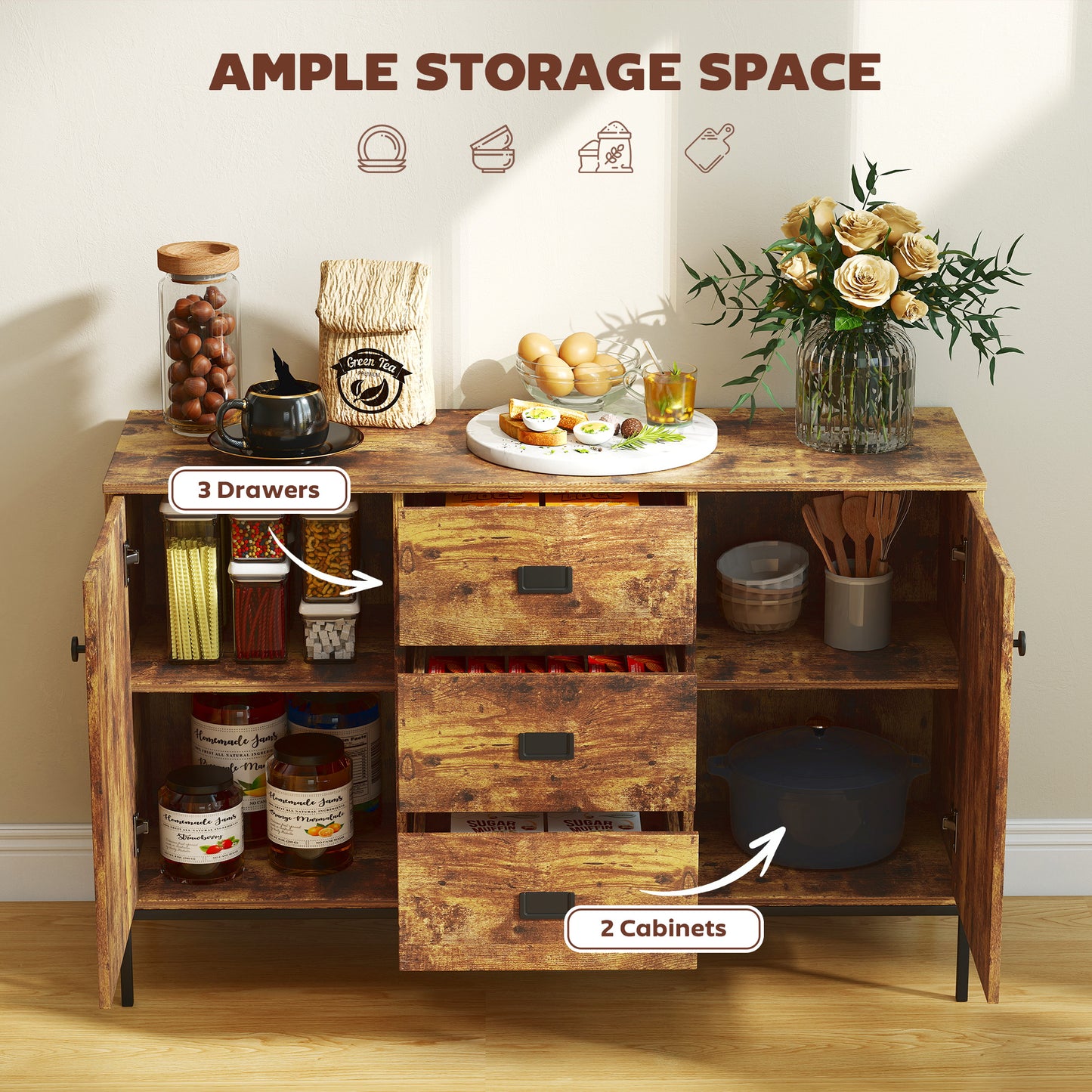 Modern Sideboard, Storage Cabinet, Accent Cupboard Rustic Brown