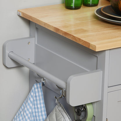 Rolling Kitchen Island, Utility Serving Cart with Rubber Wood Top Grey