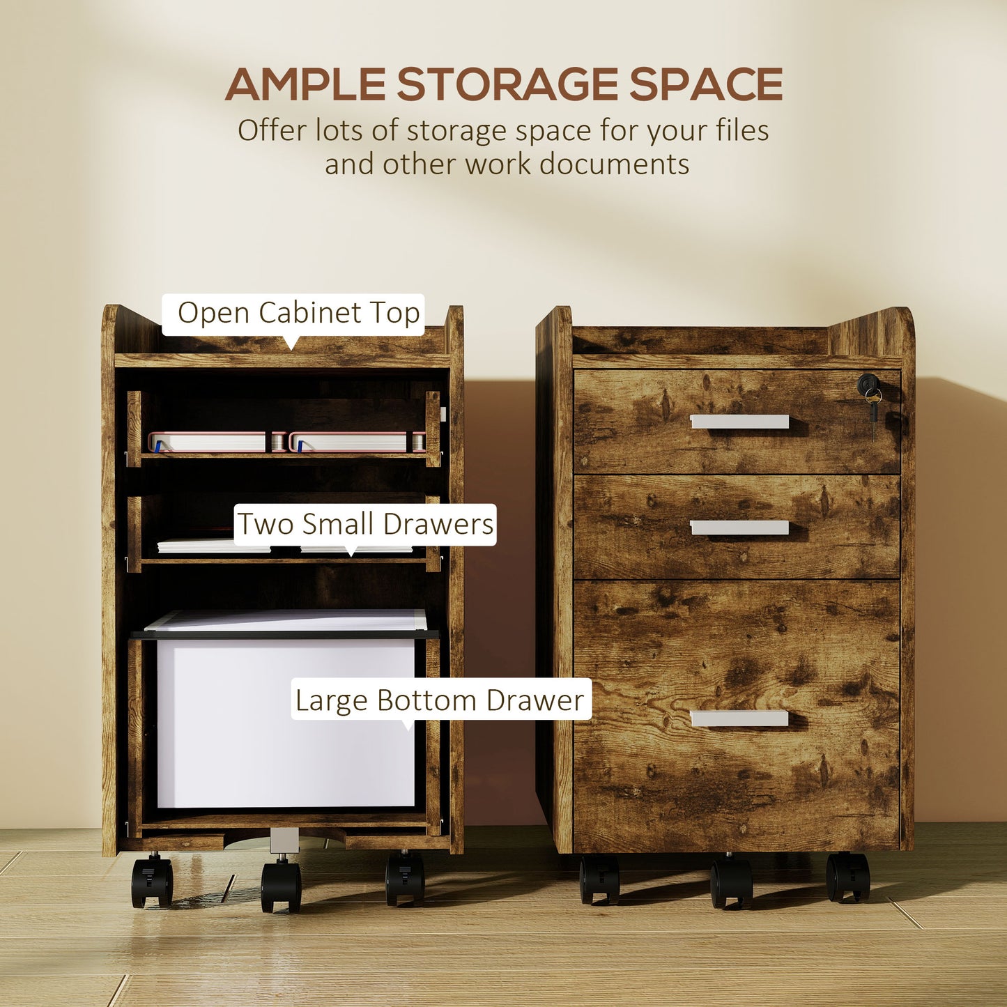 Mobile Filing Cabinet, Lockable File Cabinet with 2 keys Rustic Brown