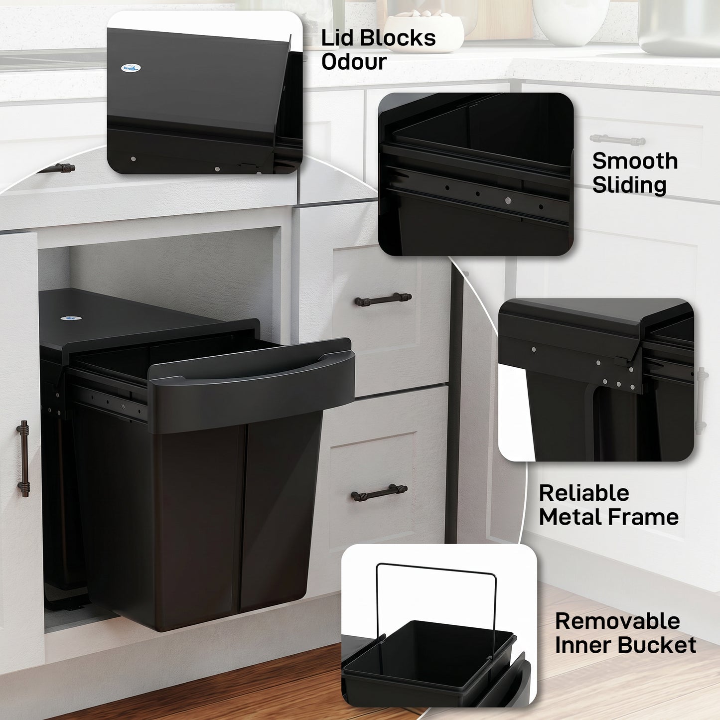 Pull Out Bin with Smooth Glide and Frosted Storage Lid, Soft-Close Kitchen Under Sink Bin with 2 Removable Compartments and Handle for Waste and Recycling, 40L (20L+20L), Black