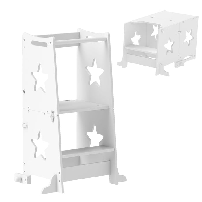 2 in 1 Toddler Step Stool with Safety Rail for Kitchen, White