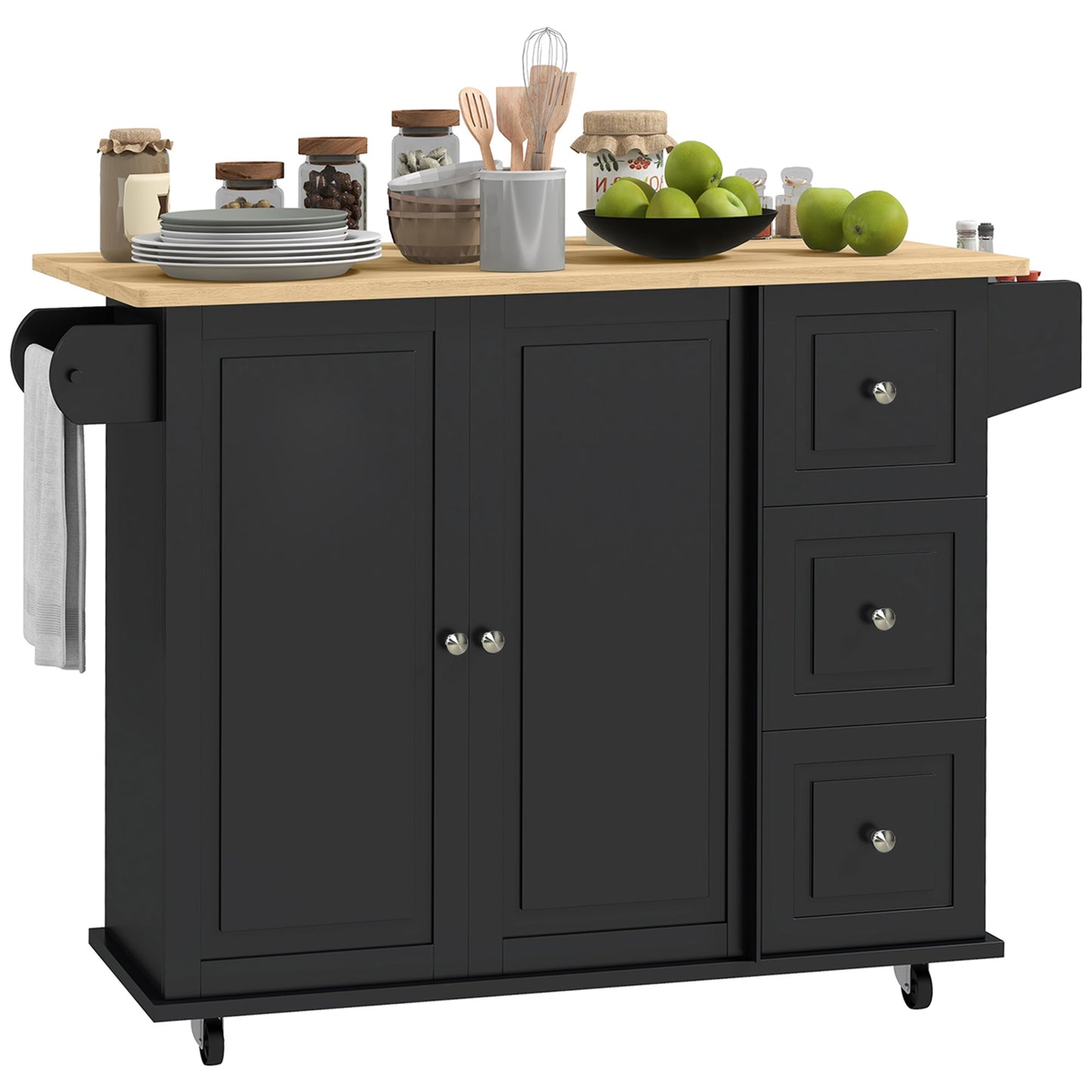 Kitchen Island with Drop Leaf, Rolling Kitchen Storage Trolley on Wheels with 3 Drawers, Spice Rack and Towel Rack, Storage Cart with Rubber Wood Top, Black