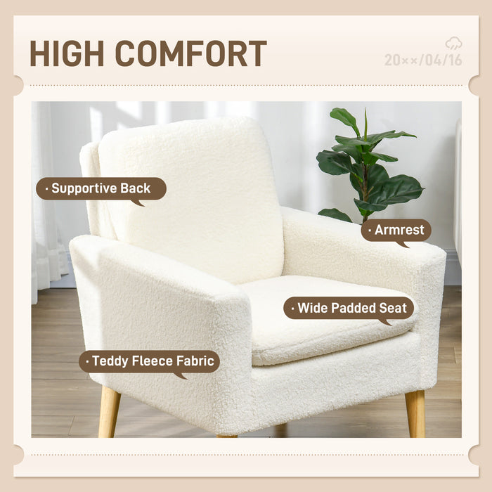 Modern Accent Chair with Wood Legs, Wide Seat, Teddy Armchair, Cream