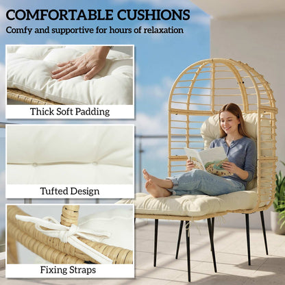 Standing Garden Egg Chair with Footstool, PE Rattan Outdoor Lounge Chair and Ottoman Set with Thick Cushions, Indoor Outdoor Egg Basket Seating for Patio Balcony Porch, Beige