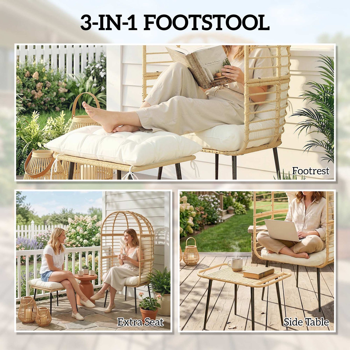 Standing Garden Egg Chair with Footstool, PE Rattan Outdoor Lounge Chair and Ottoman Set with Thick Cushions, Indoor Outdoor Egg Basket Seating for Patio Balcony Porch, Beige