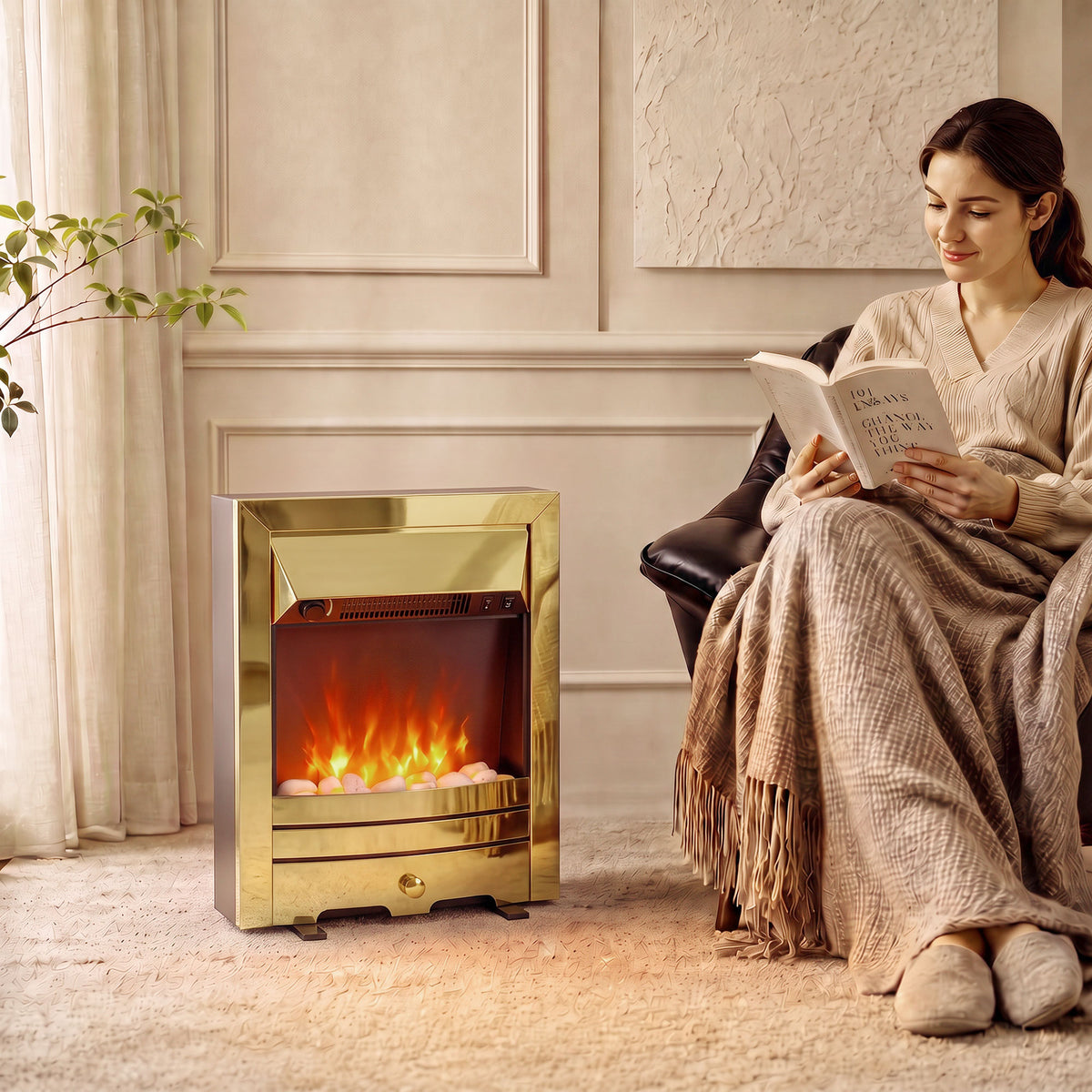 2000W Freestanding or Inset Electric Fire with Pebble Effect - Gold Tone