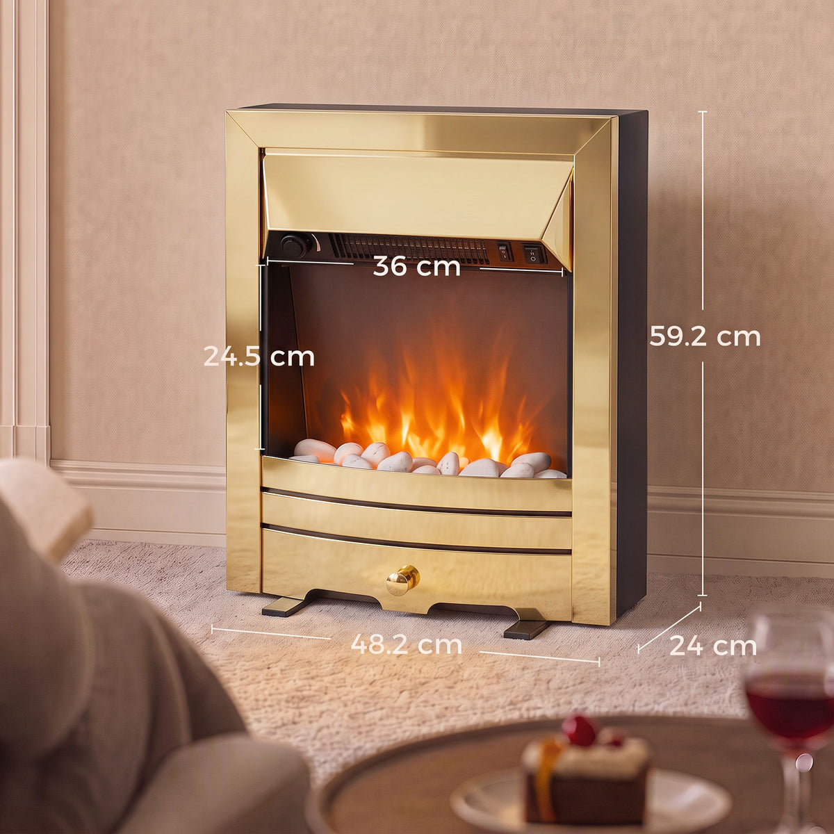 2000W Freestanding or Inset Electric Fire with Pebble Effect - Gold Tone
