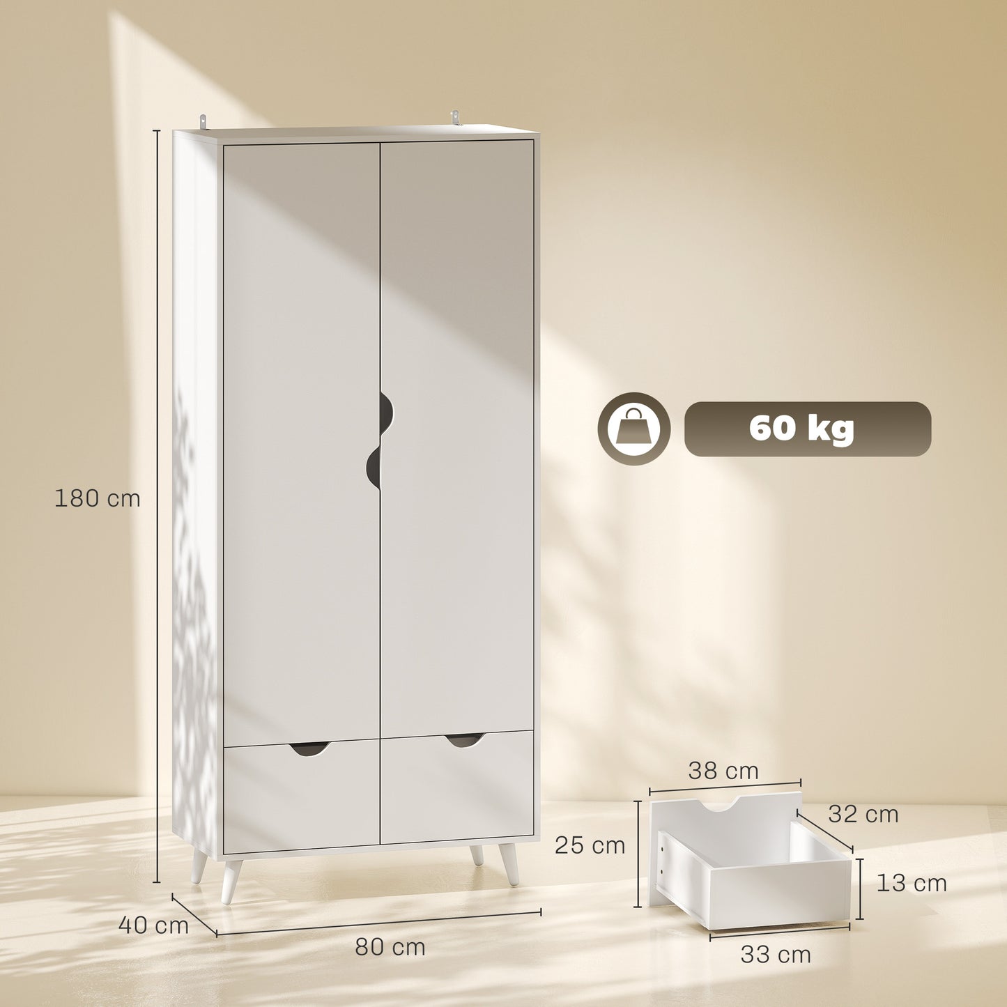 Storage Organisation Furniture with Rail and 2 Drawers, White