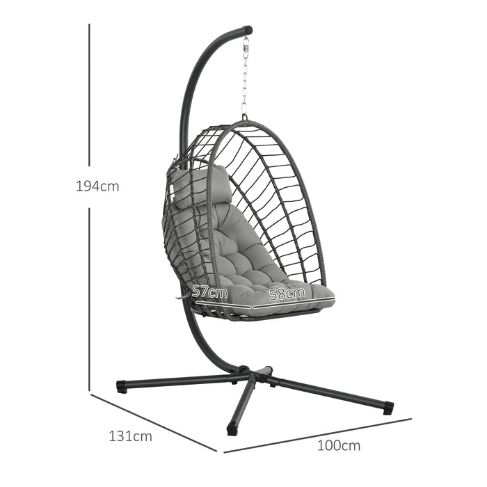 Outdoor PE Rattan Swing Chair with Thick Padded Cushion, Foldable Basket Patio Hanging Chair with Metal Stand, Headrest