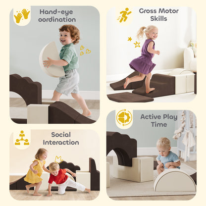 Kids Soft Play Set, 7 Piece Foam Climbing Blocks, Brown